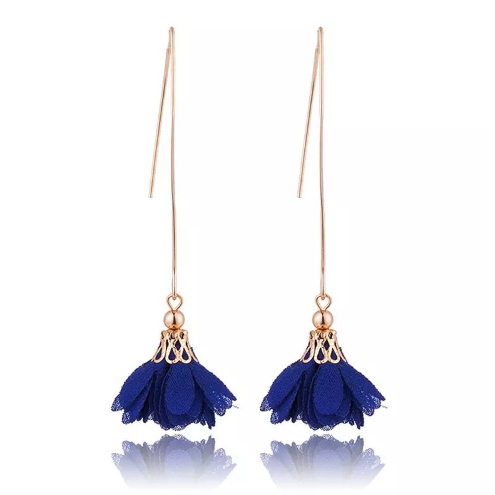 Boho Spring Blue Flower Petal Gold Threader Earrings